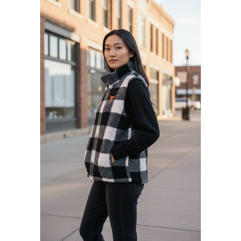 PINK Fleece Vest‎ Women XS Black Buffalo Plaid Texas Longhorns Sherpa Full Zip